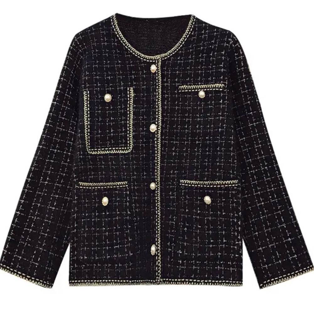 Plaid Faux Pearl Button Tweed Jacket/ Knitting Cardigan